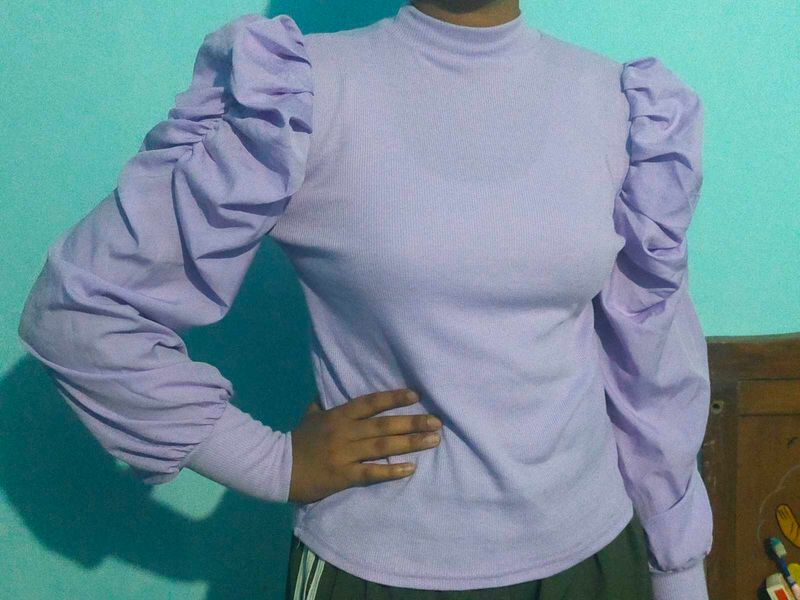 Lilac Puff Sleeve Mock Neck Top
