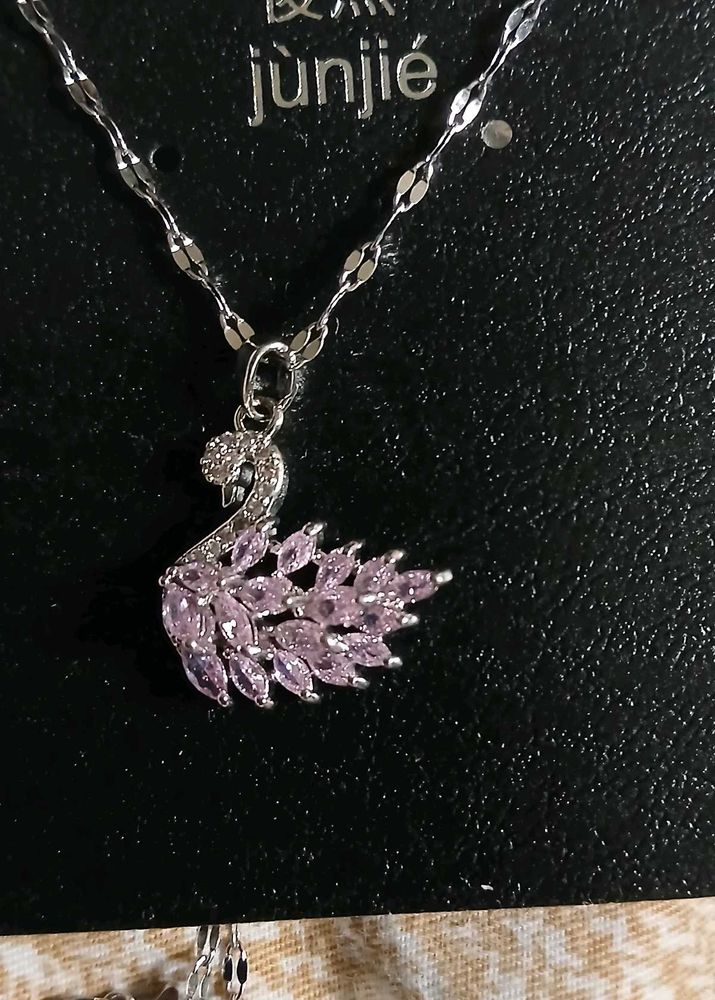 Swarovski Style Pink Rhinestone Swan Necklace