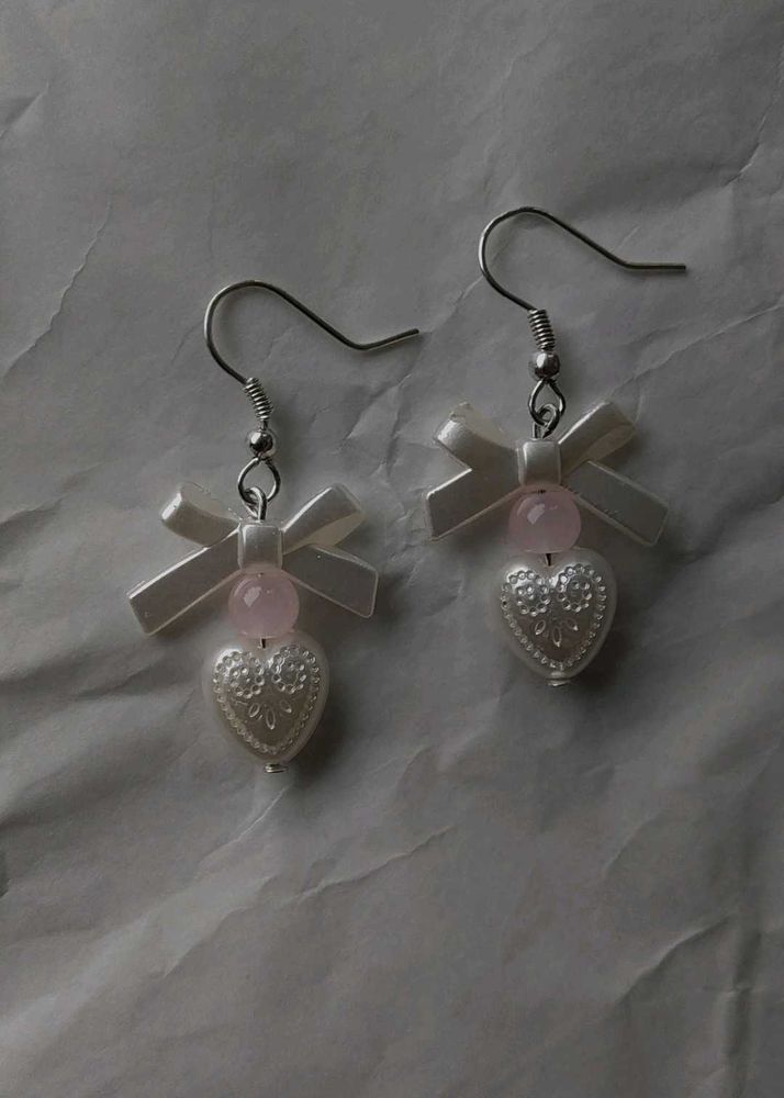 Bow Heart Dangle Earrings 🦢🪞🐚✨