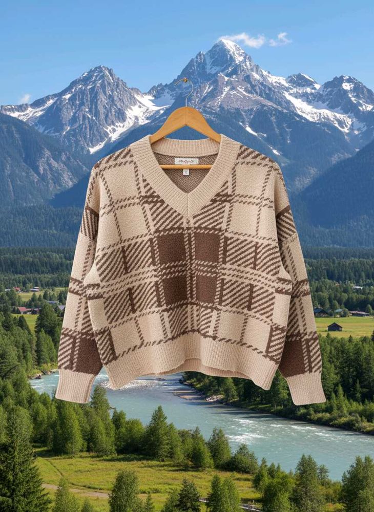 Brown Plaid V-Neck Sweater