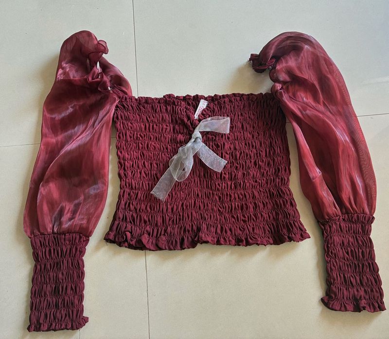 Burgundy Sheer Sleeve Top
