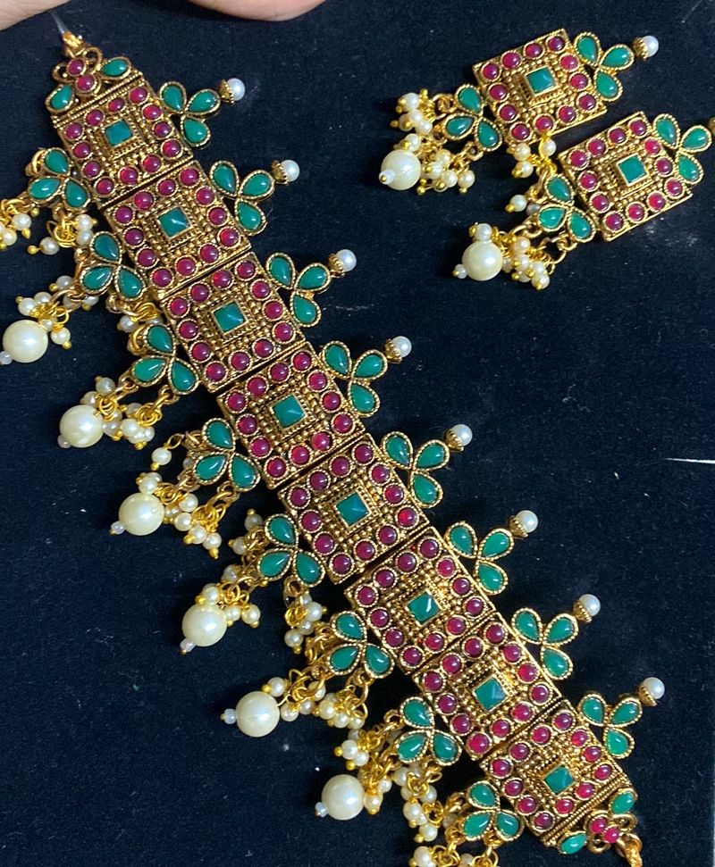 Red And Green Kundan stone Choker Set
