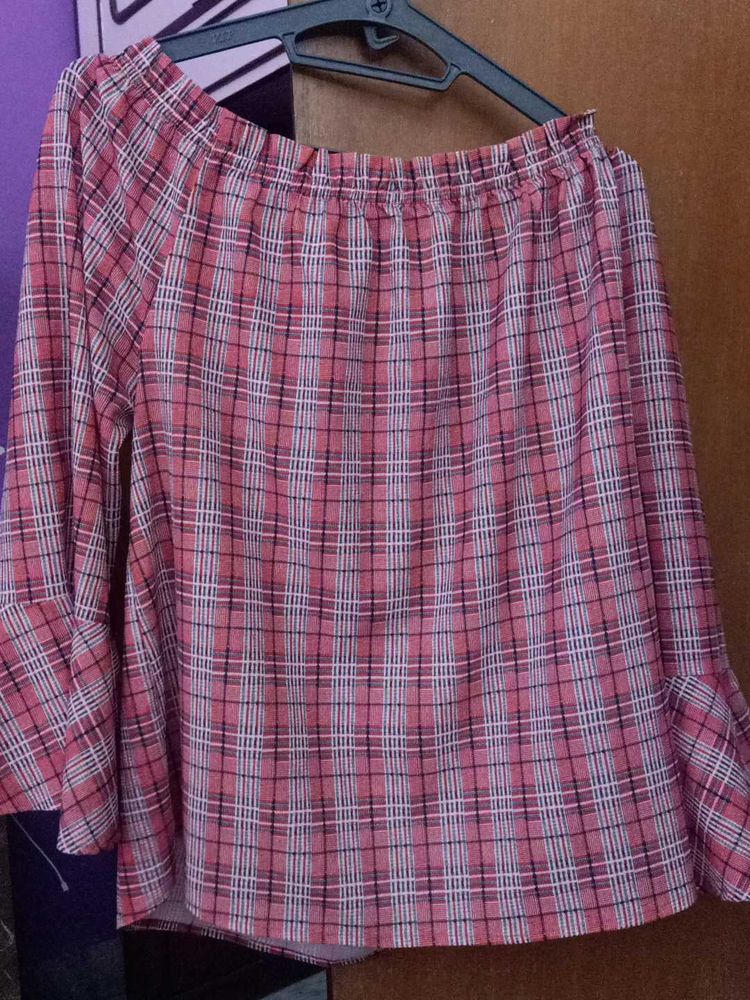 Red Plaid Off-Shoulder Top