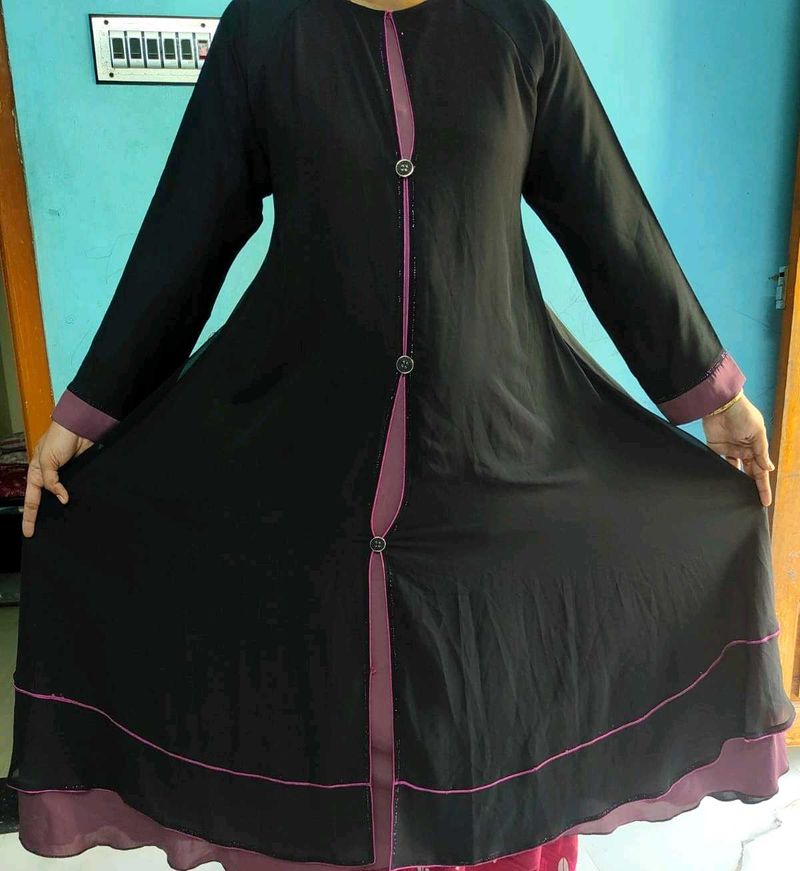 Elegant Black Abaya with Purple Trim