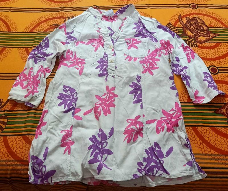 Mild White With Pink n Purple Colour Flowers Shirt