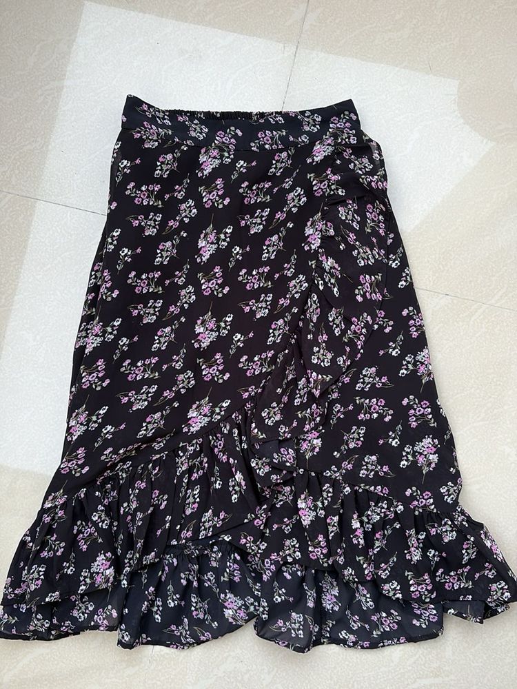 Floral Ruffle Hem Midi Skirt