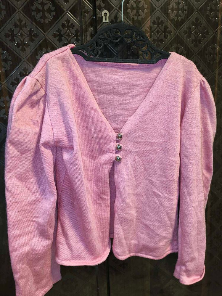 Pink Puff Sleeve Cardigan