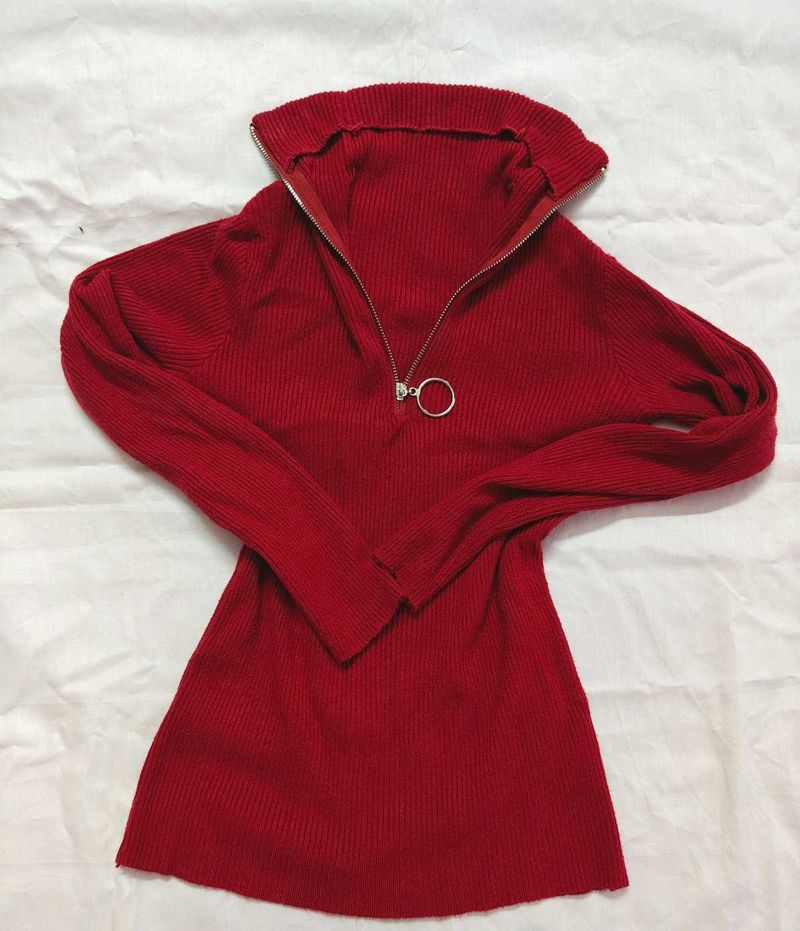 Red Zipper Highneck Knit Top