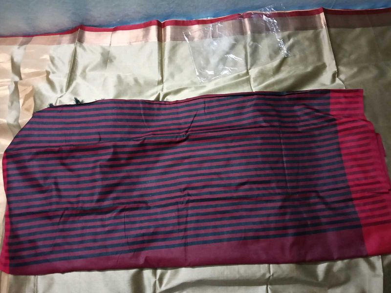 Handloom Saree with Striped Pallu - CottonBlend