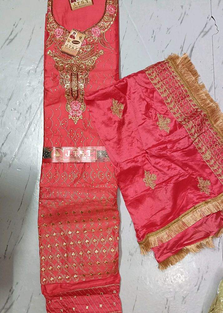 Unstitched Suit Material 3pc Fabric Magenta