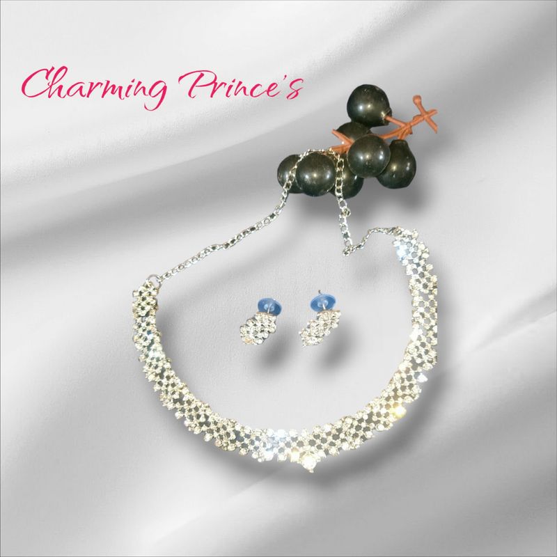 Rhodium Plated Silver Necklace With Earings