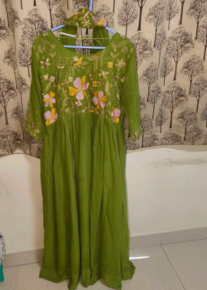 Green Embroidered long frock with Dupatta