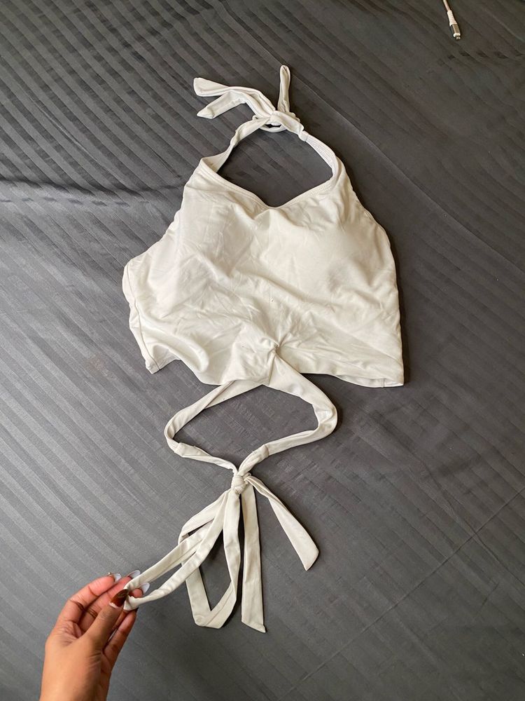 White Halter Tie Crop Top