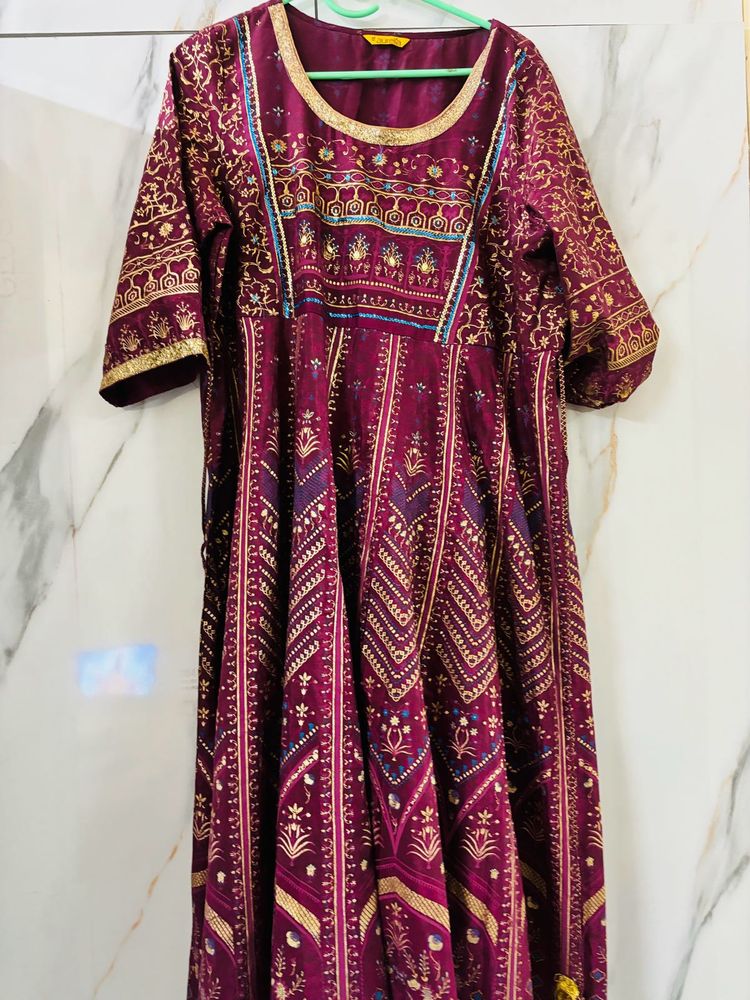 Maroon &amp; Gold Anarkali Dress