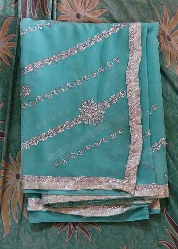 Elegant cyan Saree with Silver Work