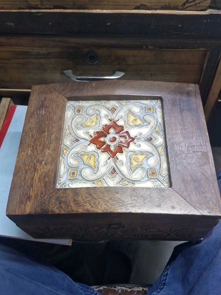 Vintage Wooden Box with Tile Inlay