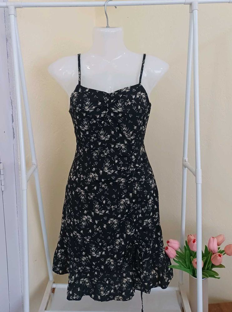 Drawstring Black Floral Dress