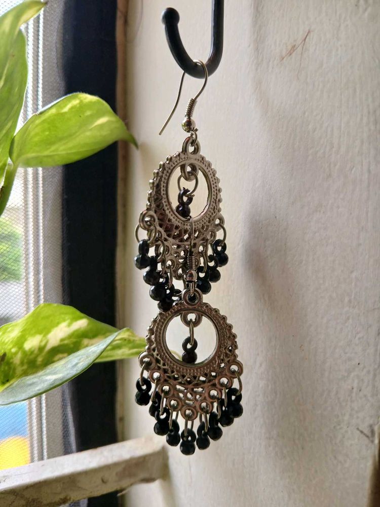 Boho Silver &amp; Black Dangle Earrings