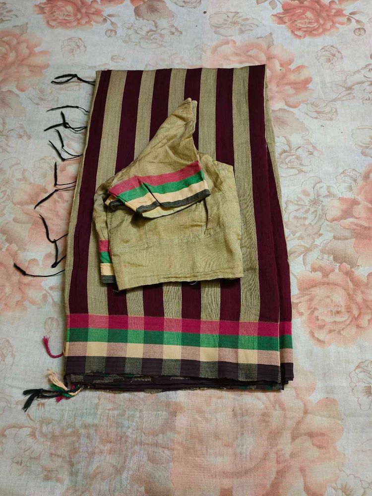 Striped &amp; Checkered Saree with Blouse 🤎