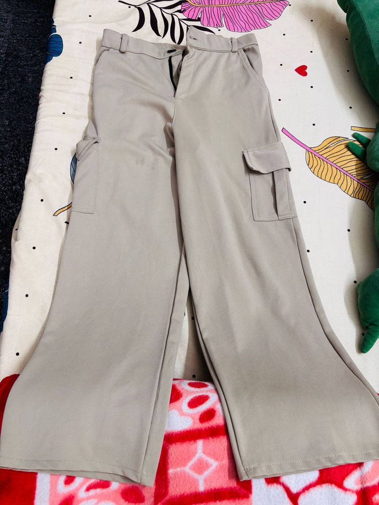 Beige Wide Leg Cargo Pants