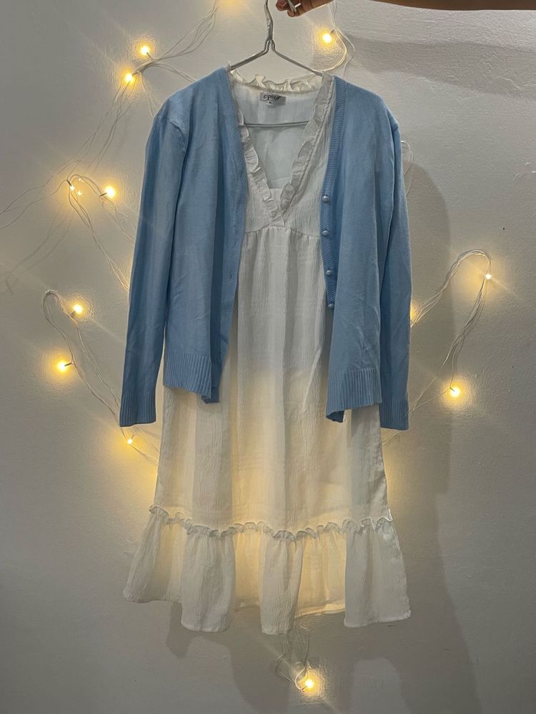 Cute White Dress with Blue Cardigan