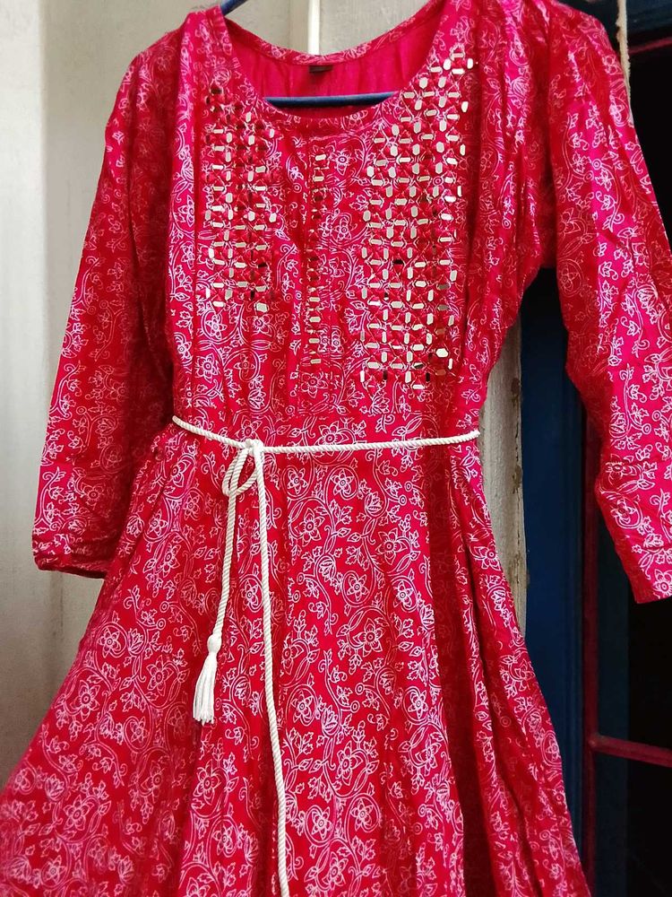 Red Printed Mirror-Work Dress