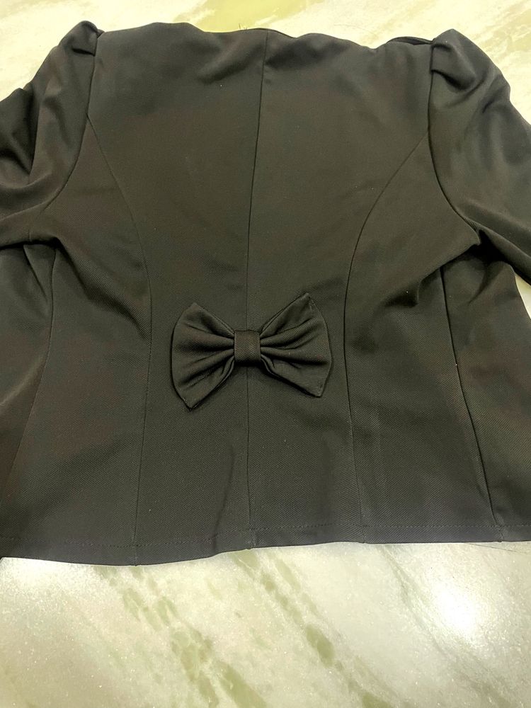 Black Puff Sleeved Party Wear Blazer With Bow