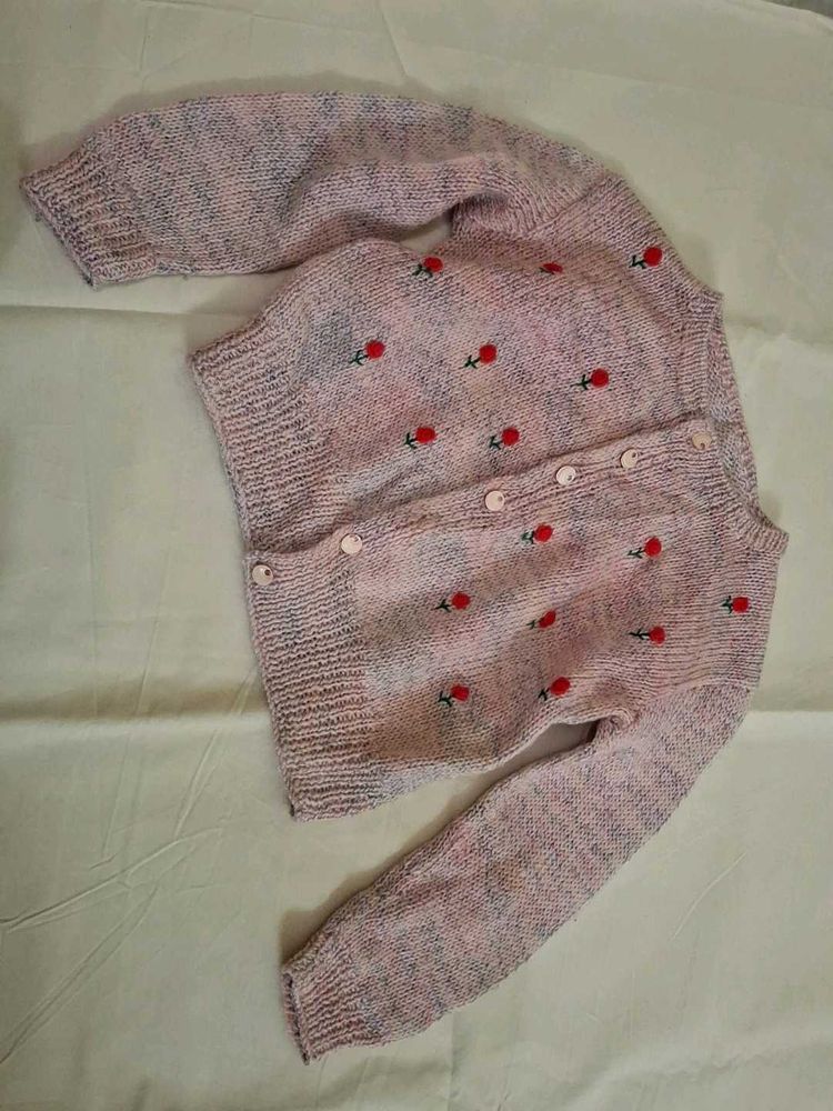 Floral Embroidered Pink Cardigan Hand knitted