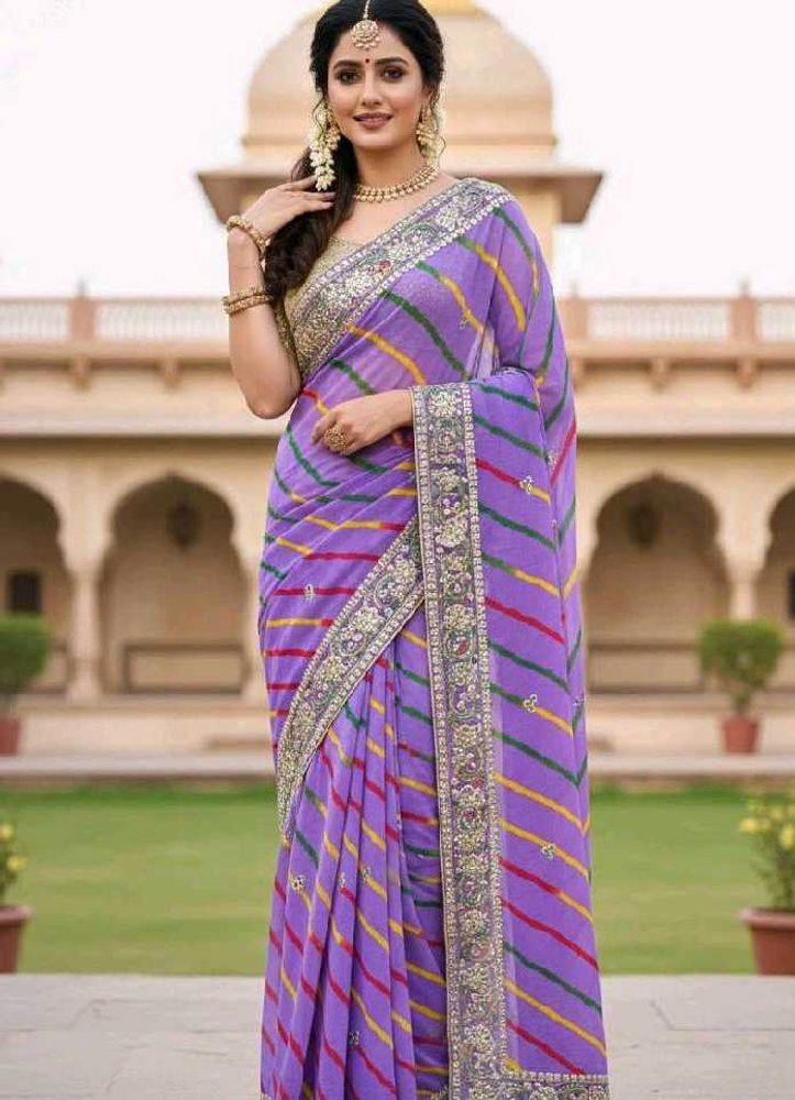 Elegant Purple Striped Saree💜💫
