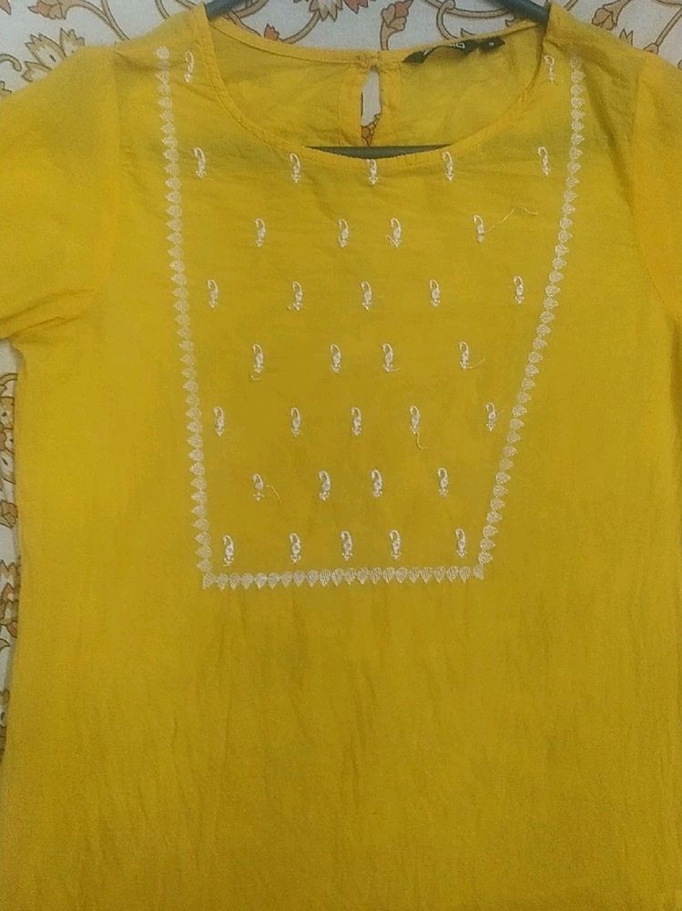 Yellow Kurti With White Embroidery