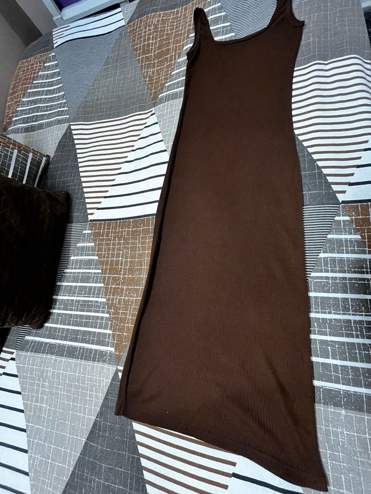 Brown Ribbed Midi Dress