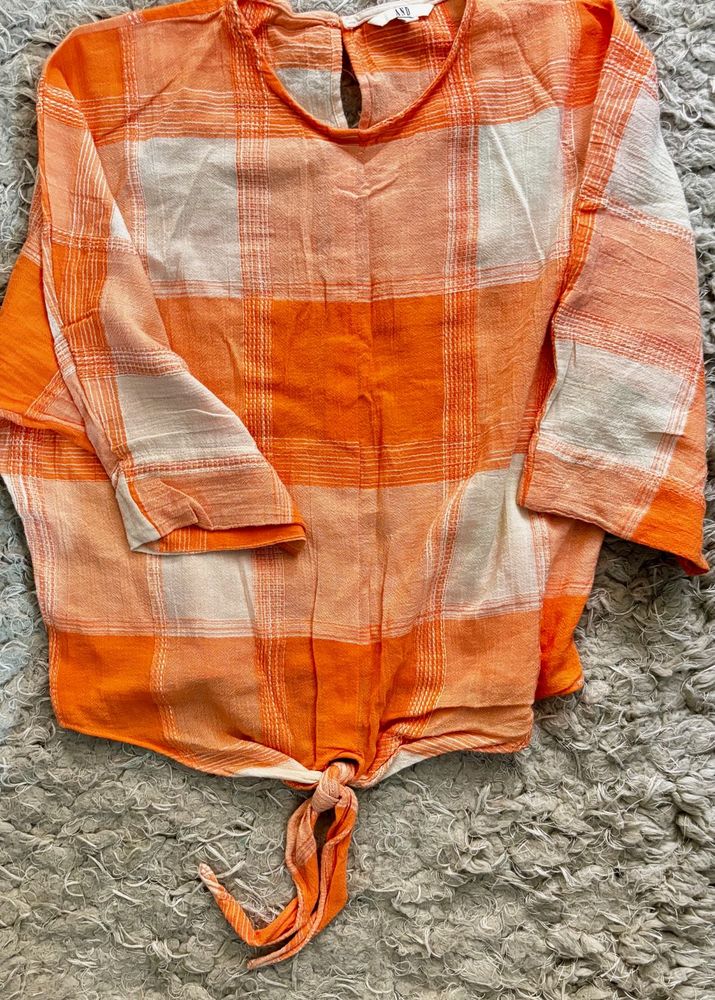 AND Orange Plaid Tie-Front Top