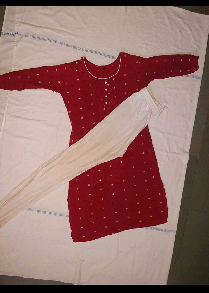 Red Kurta with White Leggings