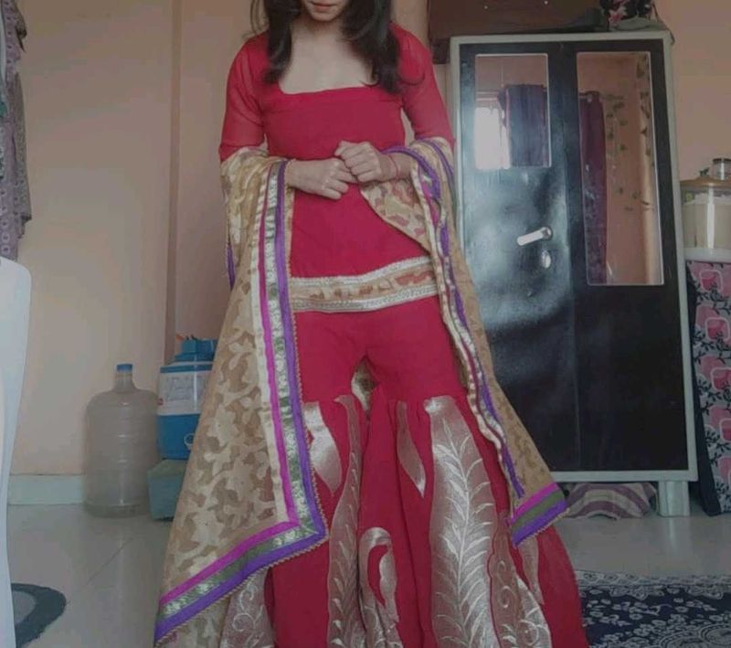 Red Gharara Suit with Dupatta