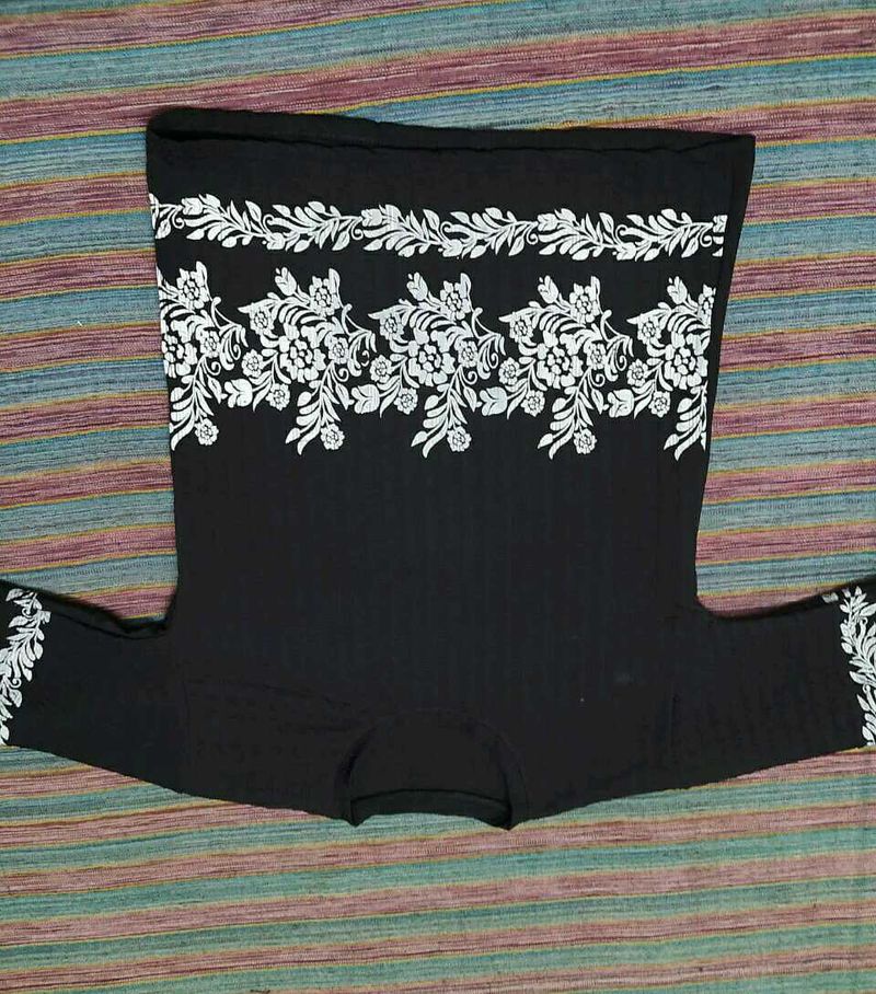 Black Tshirt With White Floral Work