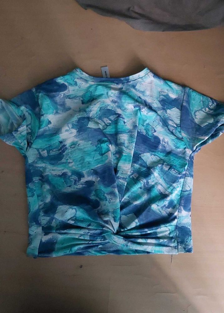 Blue Patterned Twist Front Top