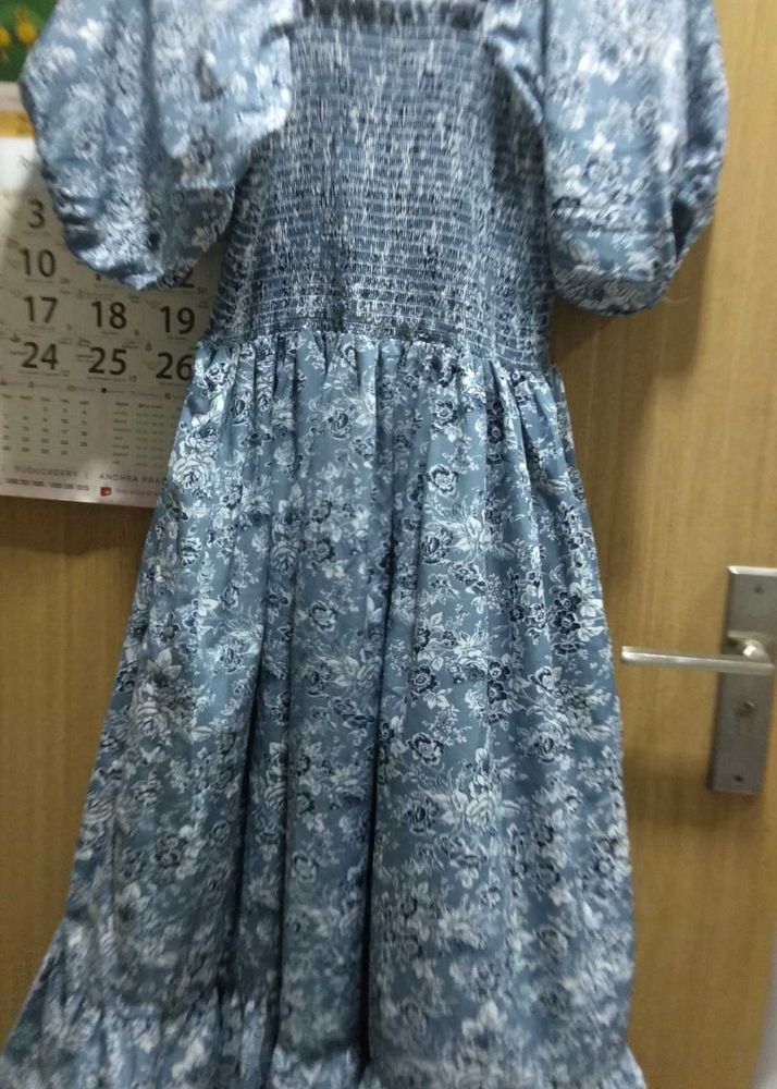 Women Fit And Flare Light Blue, White Dress