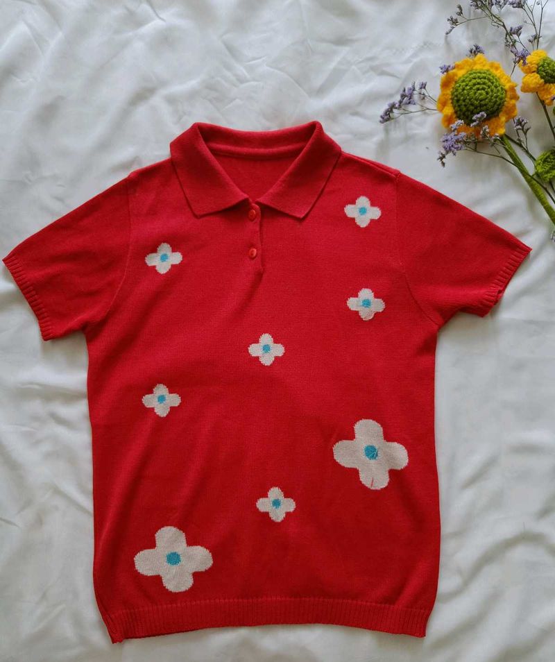 Red Sweet Floral Printed Polo Shirt