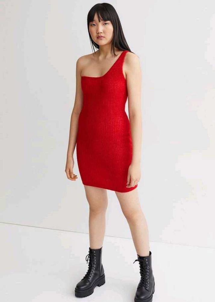 H&amp;M Red Knit One-Shoulder Dress