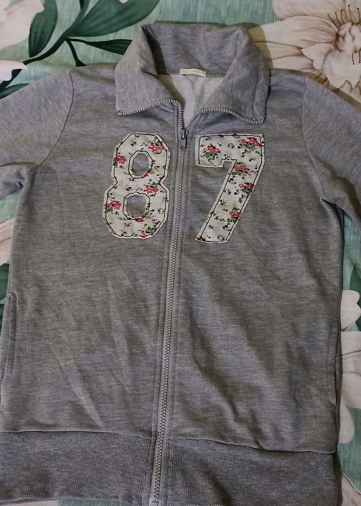 Gray Floral '87' Zip-Up Jacket