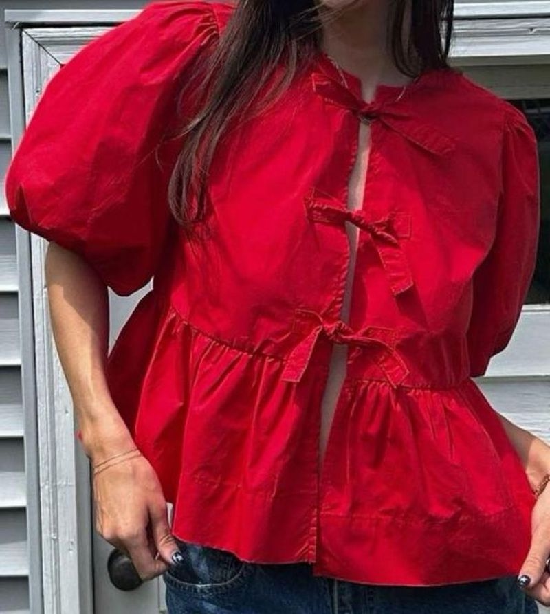 Red Peplum Tie-Front Top
