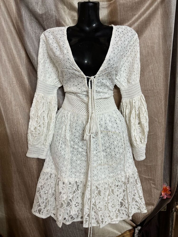 Boho Eyelet Lace Mini Dress with Crochet Waist