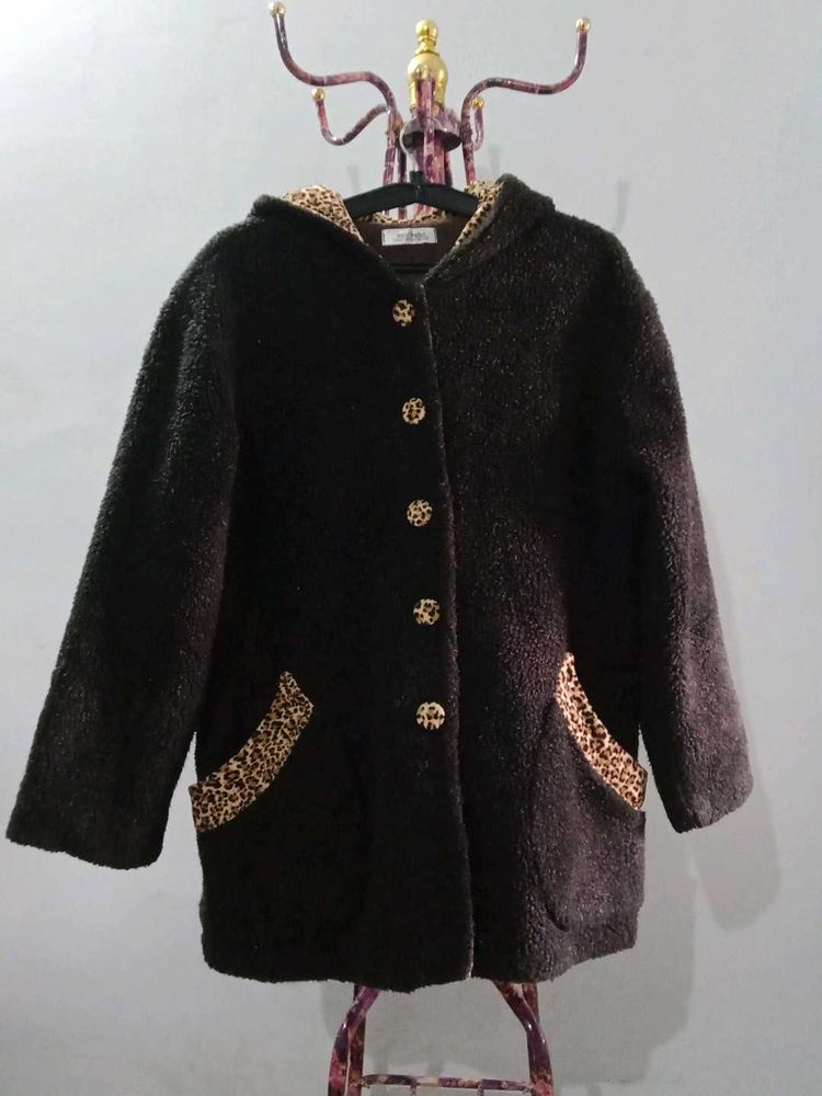 Brown Fuzzy Leopard Trim Coat