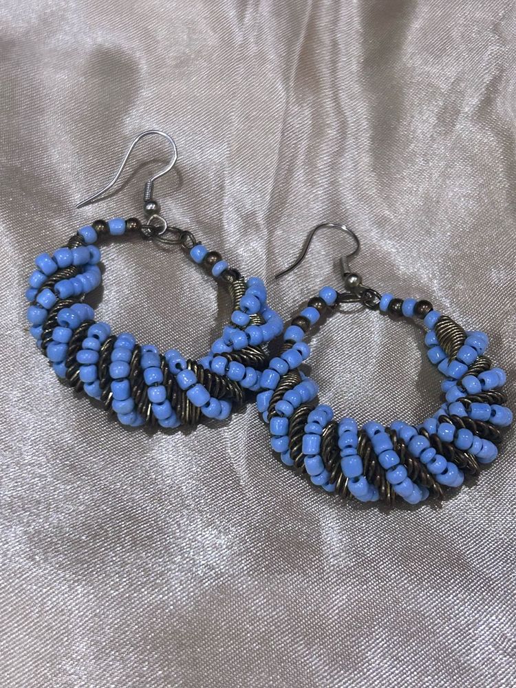 Blue Beaded Hoop Earrings