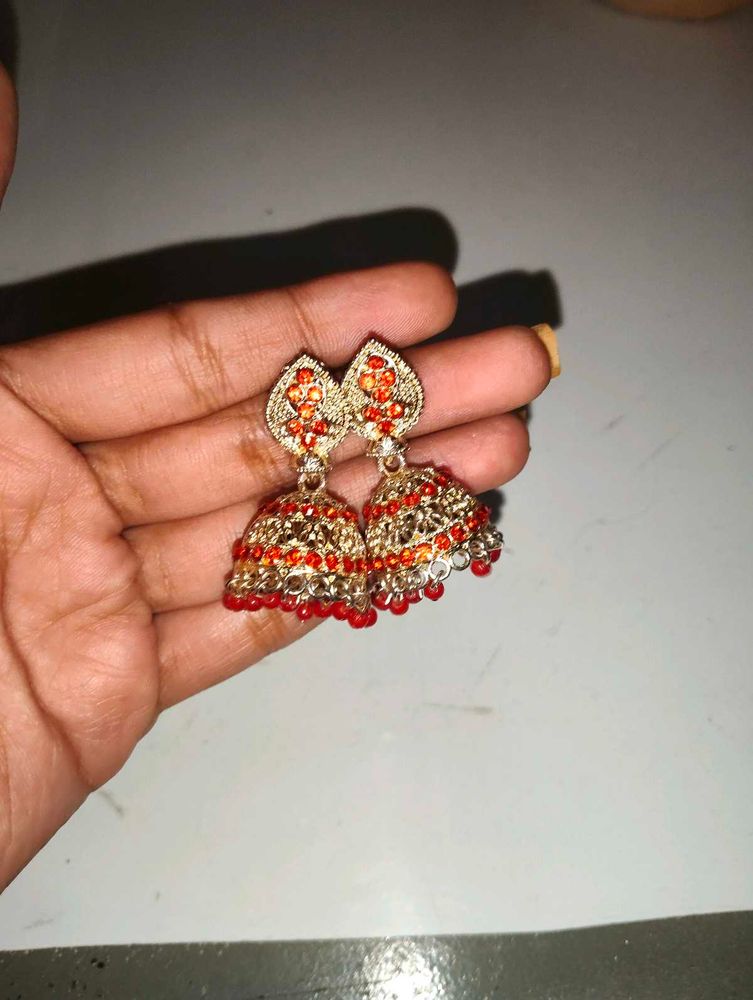 Red &amp; Gold Jhumka Earrings