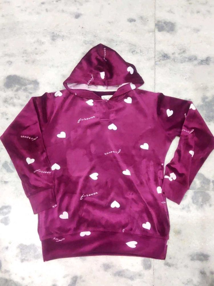 Burgundy Heart Print Hoodie