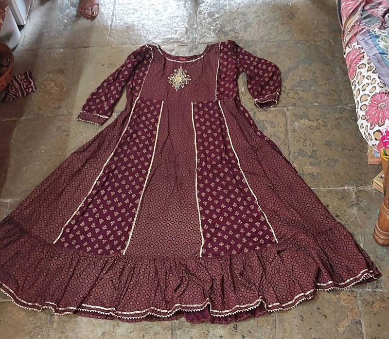 Burgundy Print Anarkali Dress