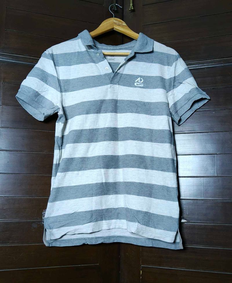Nike Men Grey White Striped Cotton Polo Tshirt