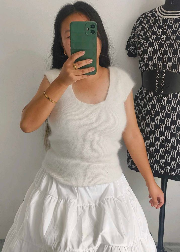 Fluffy White Sleeveless Top