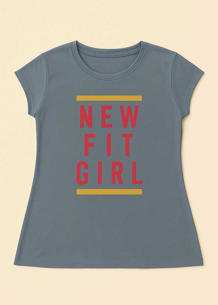 &#34;NEW FIT GIRL&#34; Round Neck Graphic Tee – Slate Blue